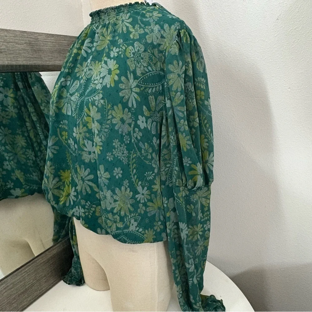 Free People Green Puff Sleeve Ruffled Blouse